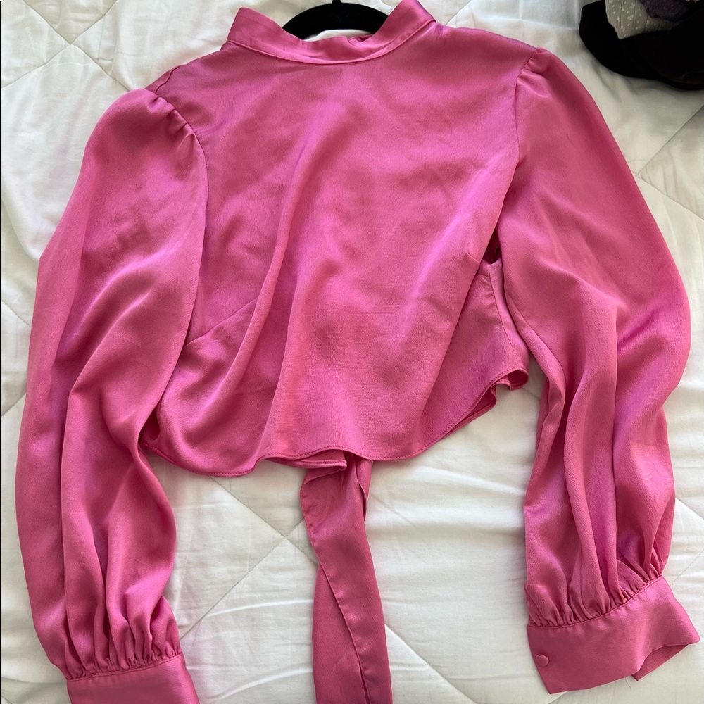 Pink long sleeve silky open back top